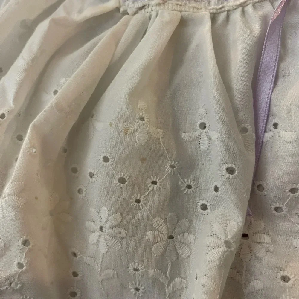 Vintage Precious Moments Handmade Cross stitched Baby Blanket w/ Eyelet Ruffle